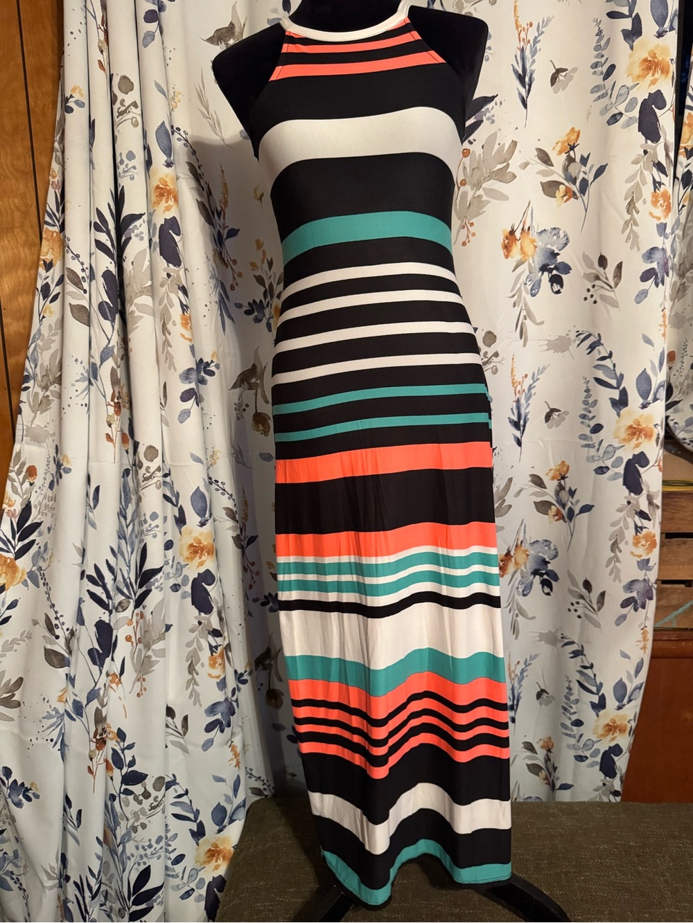 Love Striped Maxi Dress in Black, White, Coral & Teal